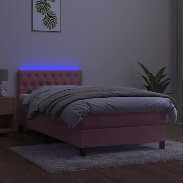 Mannermainen sänky, jossa patja ja LED, vaaleanpunainen sametti 100x200cm