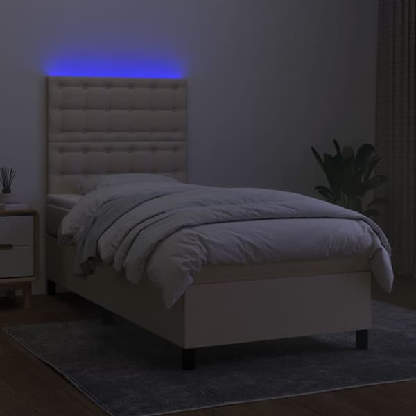 Ramsäng med madrass & LED gräddvit 90x190 cm tyg