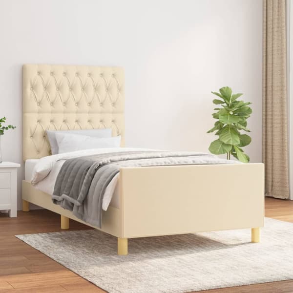 sengeramme med sengegavl 100x200 cm stof cremefarvet