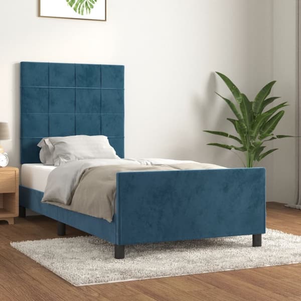 sengeramme med sengegavl 90x190 cm fløjl mørkeblå