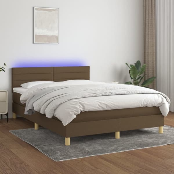 Ramsäng med madrass & LED mörkbrun 140x200 cm tyg