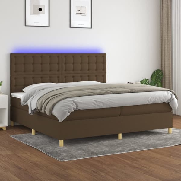 kontinentalseng med LED-lys 200x200 cm stof mørkebrun