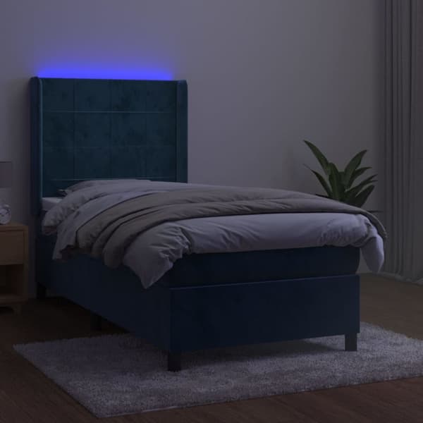 Mannermainen sänky, patja ja LED, sininen sametti 90x200 cm
