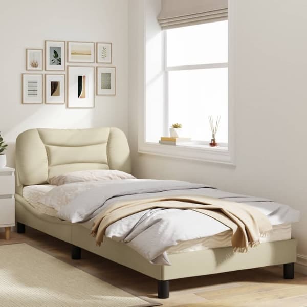 sengeramme med sengegavl 90x200 cm stof cremefarvet