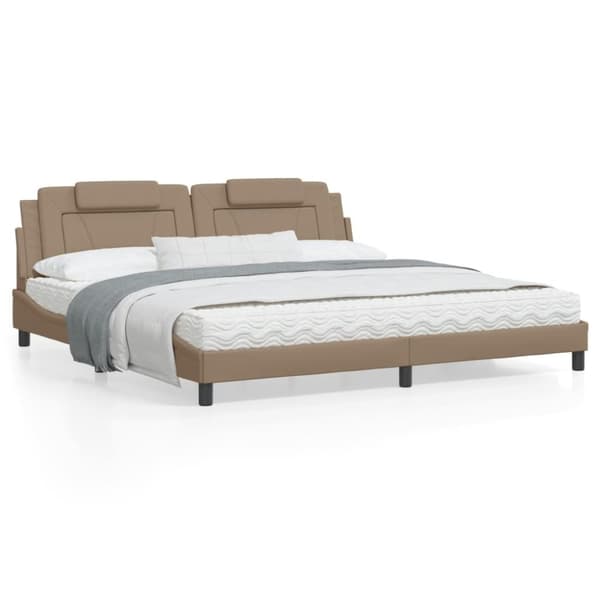 sengeramme med LED-lys 200x200 cm kunstlæder cappuccinofarvet