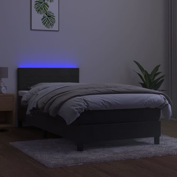 Ramsäng med madrass & LED mörkgrå 90x190 cm sammet