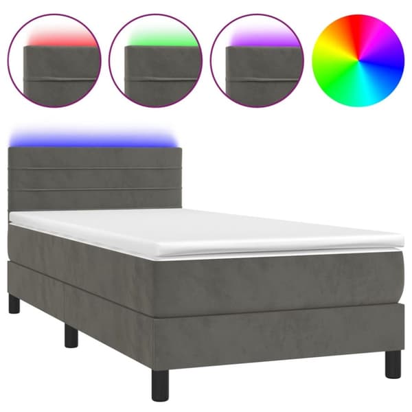 Ramsäng med madrass & LED mörkgrå 90x190 cm sammet