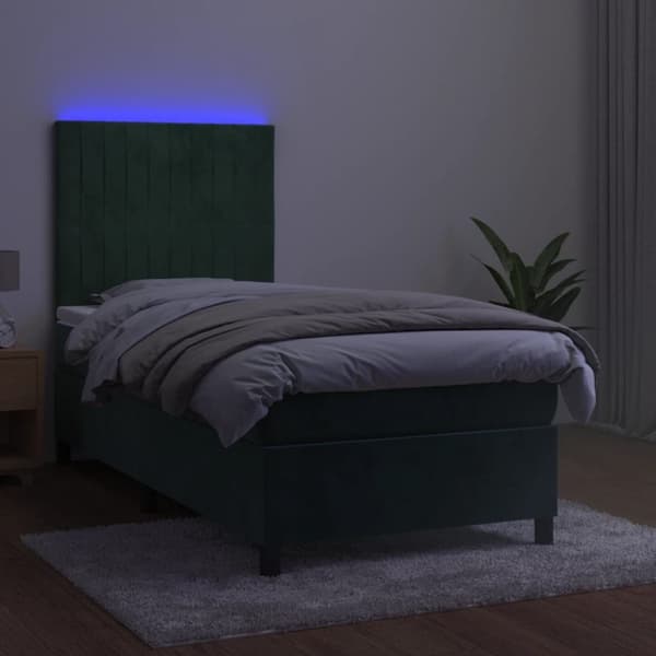 kontinentalseng med LED-lys 90x190 cm fløjl mørkegrøn