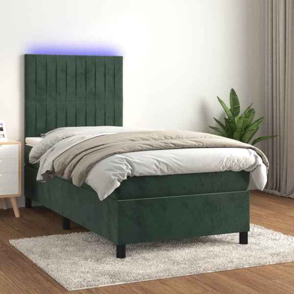 kontinentalseng med LED-lys 90x190 cm fløjl mørkegrøn