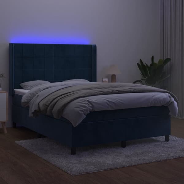 Ramsäng med madrass & LED mörkblå 140x190 cm sammet