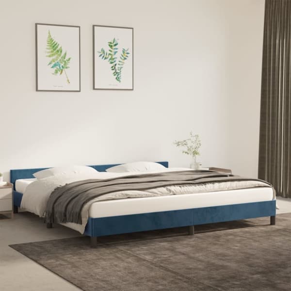 Sängram med huvudgavel mörkblå 200x200 cm sammet