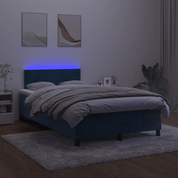 Ramsäng med madrass & LED mörkblå 120x190 cm sammet