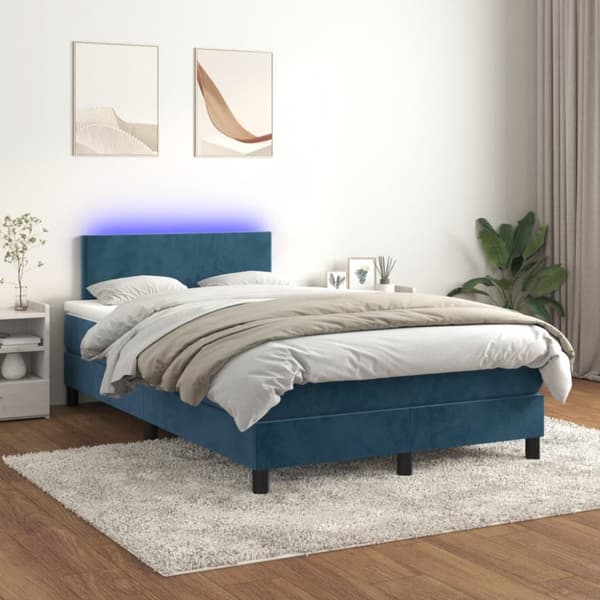 Ramsäng med madrass & LED mörkblå 120x190 cm sammet