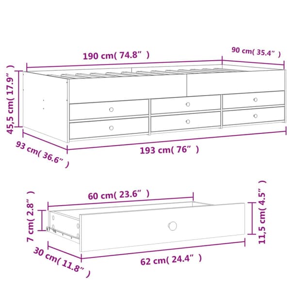 daybed med skuffer 90x190 cm konstrueret træ grå sonoma-eg