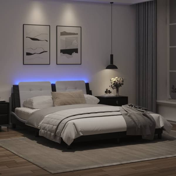 sengestel med LED-lys 160x200 cm kunstlæder hvid og sort