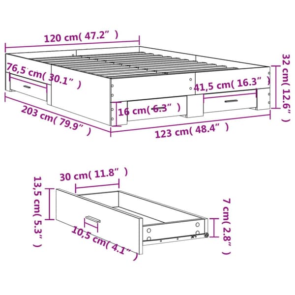 sengeramme med skuffer 120x200 cm konstrueret træ grå sonoma-eg