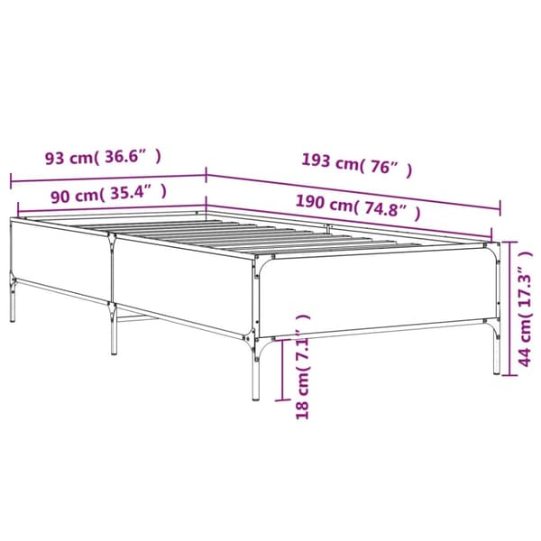 sengeramme 90x190 cm konstrueret træ og metal grå sonoma-eg