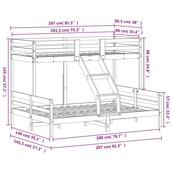 køjeseng 90x200/140x200 cm massivt fyrretræ hvid