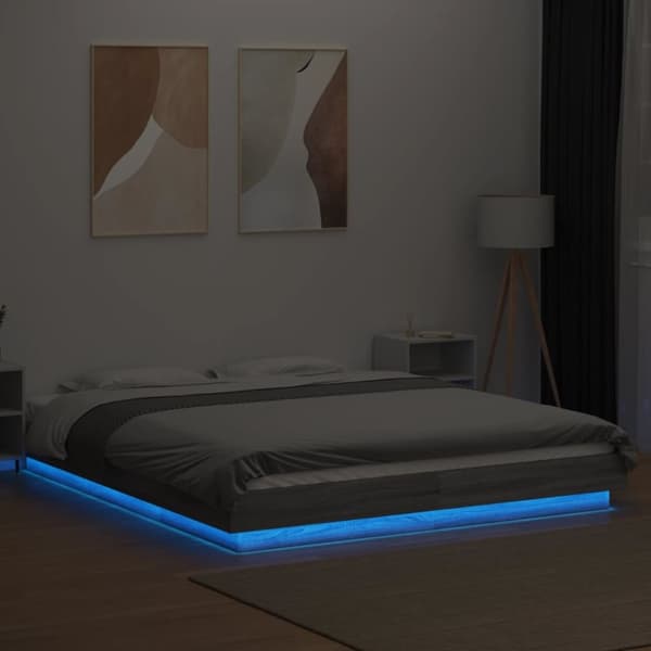 sengeramme med LED-lys 160x200 cm konstrueret træ grå sonoma-eg