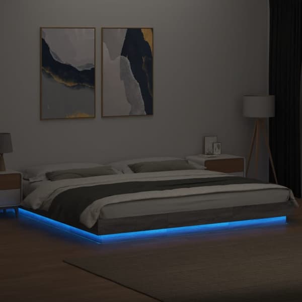 Sängram med LEDs grå sonoma 200x200 cm konstruerad trä