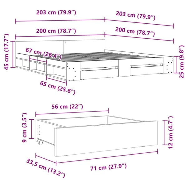 Sängynrunko laatikoilla betoninharmaa 200x200 cm tekninen puu