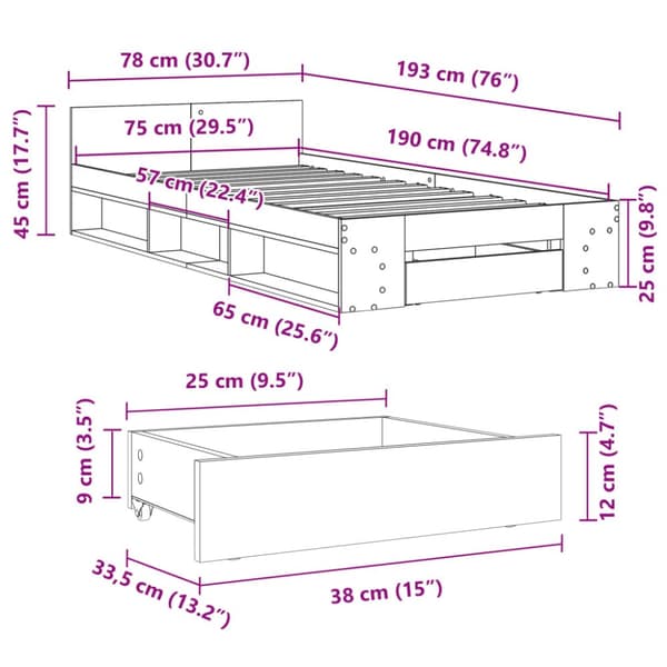 Sängynrunko laatikolla ruskea tammi 75x190 cm tekninen puu