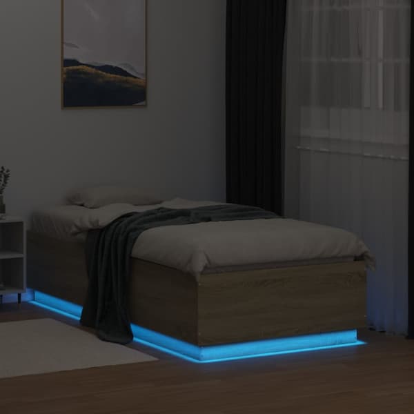 sengeramme med LED-lys 90x190 cm konstrueret træ sonoma-eg