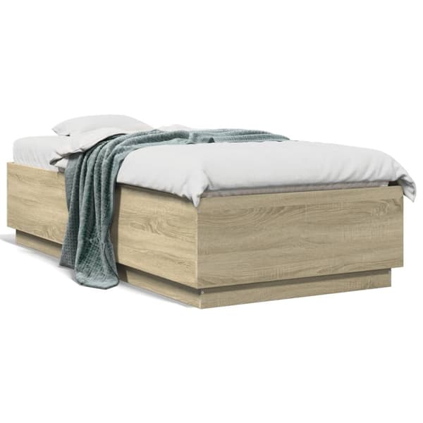 sengeramme med LED-lys 90x190 cm konstrueret træ sonoma-eg
