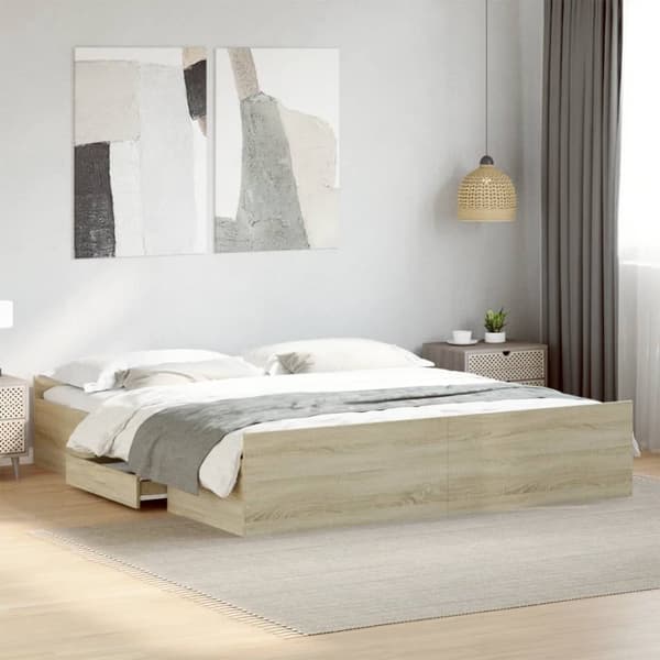 sengeramme med skuffer 200x200 cm konstrueret træ sonoma-eg