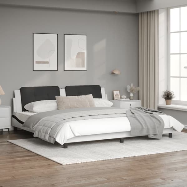 sengeramme med sengegavl 200x200 cm kunstlæder hvid og sort
