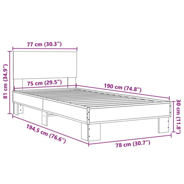 Sängynrunko ruskea tammi 75x190 cm tekninen puu ja metalli