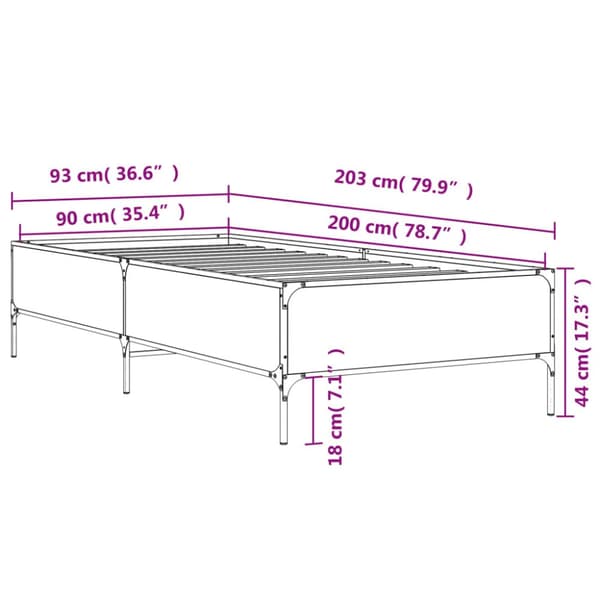 sengeramme 90x200 cm konstrueret træ og metal grå sonoma-eg