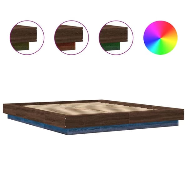 sengeramme med LED-lys 150x200 cm konstrueret træ brunt egetræ