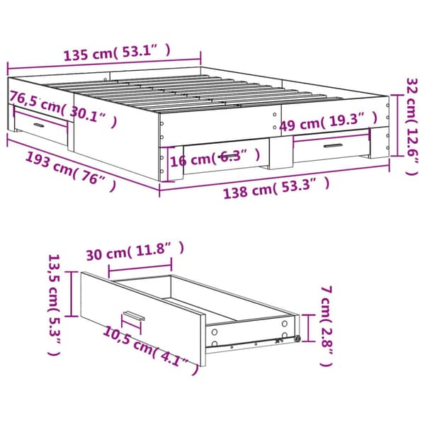 Sängram med lådor sonoma-ek 135x190 cm konstruerat trä
