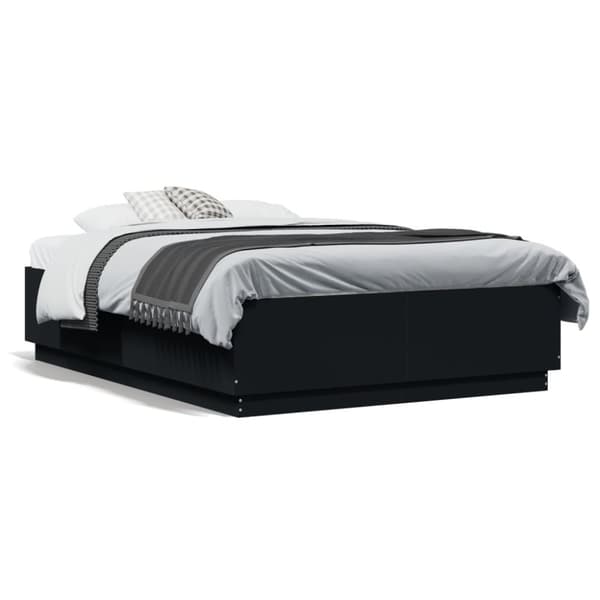 sengeramme med LED-lys 135x190 cm konstrueret træ sort