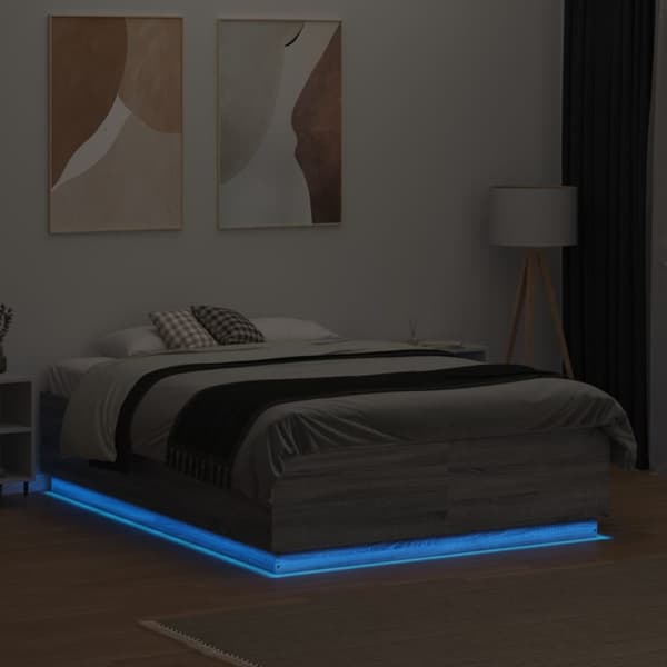 Sängynrunko LED-valoilla harmaa Sonoma 135x190 cm tekninen puu