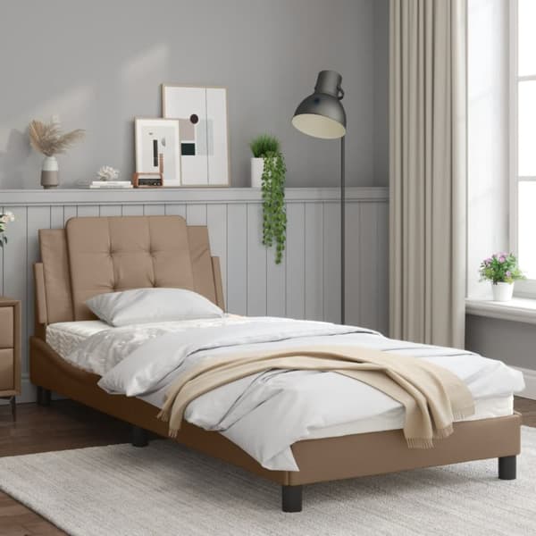 sengeramme med sengegavl 90x190 cm kunstlæder cappuccinofarvet
