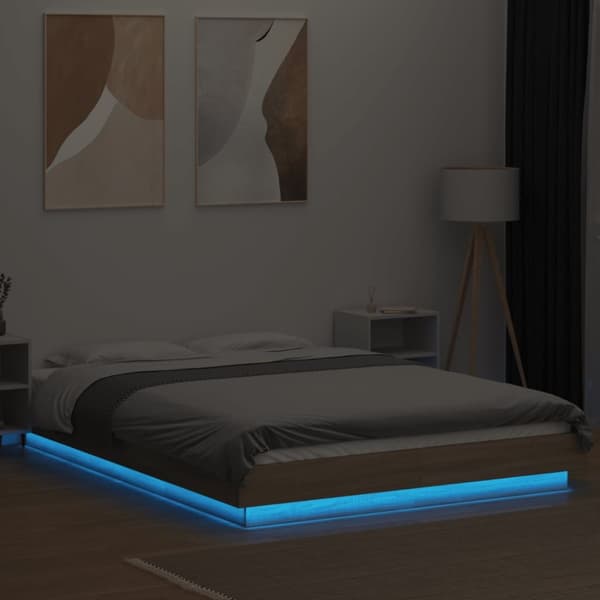 sengeramme med LED-lys 135x190 cm konstrueret træ sonoma-eg