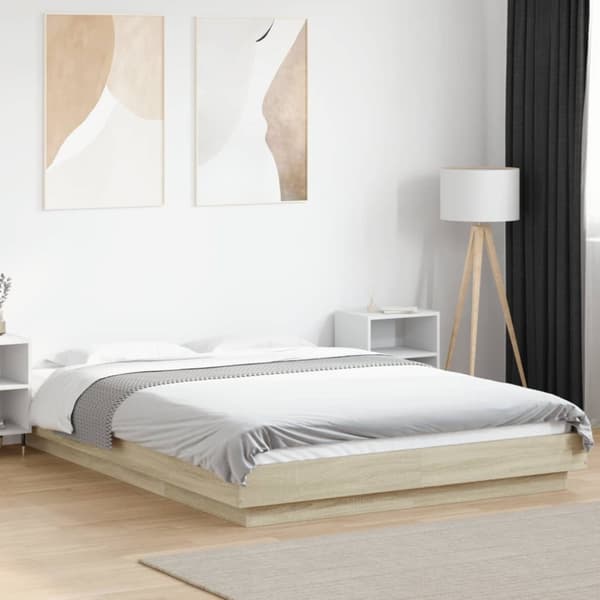 sengeramme med LED-lys 135x190 cm konstrueret træ sonoma-eg