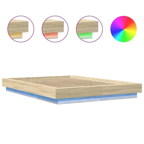 sengeramme med LED-lys 135x190 cm konstrueret træ sonoma-eg