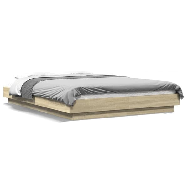 sengeramme med LED-lys 135x190 cm konstrueret træ sonoma-eg