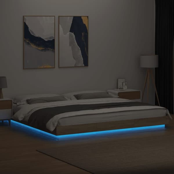 sengeramme med LED-lys 180x200 cm konstrueret træ sonoma-eg