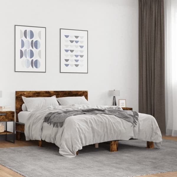 sengestel 140x190cm konstrueret træ og metal røget egetræsfarve
