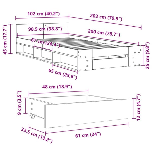 sengeramme med skuffe 100x200 cm konstrueret træ betongrå
