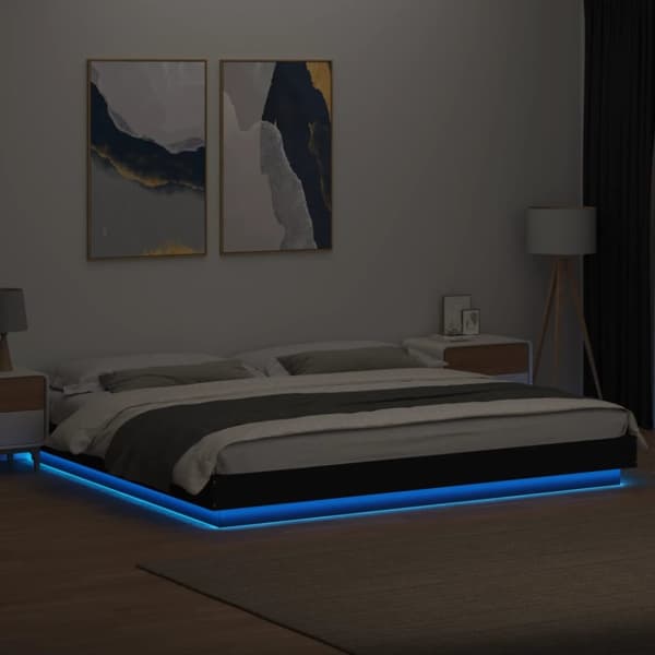sengeramme med LED-lys 200x200 cm konstrueret træ sort