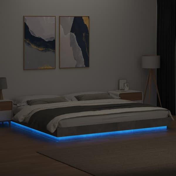 sengeramme med LED-lys 200x200 cm konstrueret træ betongrå