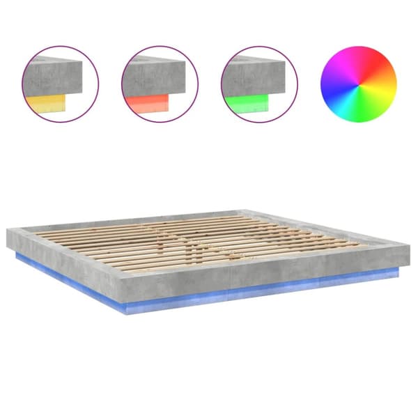 sengeramme med LED-lys 200x200 cm konstrueret træ betongrå