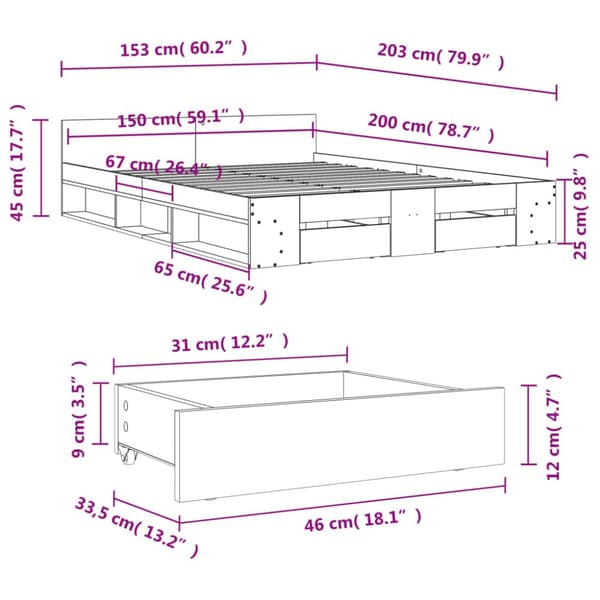 sengeramme med skuffer 150x200 cm konstrueret træ grå sonoma-eg