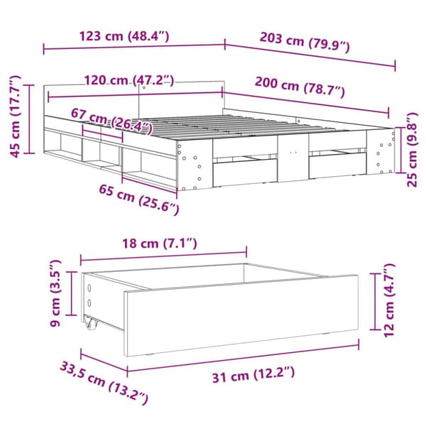 Sängynrunko laatikoilla savutammi 120x200 cm tekninen puu