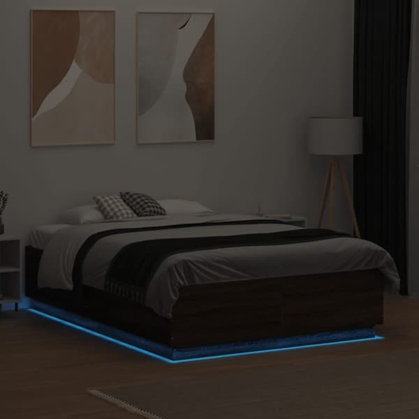 Sängram med LEDs brun ek 135x190 cm konstruerat trä